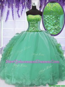 Lovely Turquoise Sweet 16 Dress Military Ball and Sweet 16 and Quinceanera and For withEmbroidery and Ruffles Strapless Sleeveless Lace Up