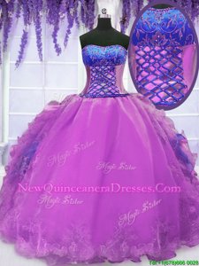 Vintage Purple Organza Lace Up Sweet 16 Quinceanera Dress Sleeveless Floor Length Embroidery and Ruffles