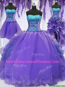 Dramatic Four Piece Floor Length Lavender Quinceanera Dresses Strapless Sleeveless Lace Up