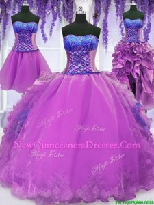 Edgy Four Piece Floor Length Purple Quinceanera Gowns Organza Sleeveless Spring and Summer and Fall and Winter Embroidery and Ruffles