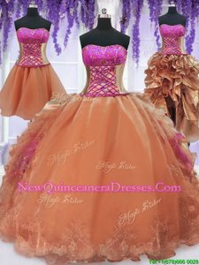 Fashionable Four Piece Orange Ball Gowns Strapless Sleeveless Organza Floor Length Lace Up Embroidery and Ruffles Sweet 16 Quinceanera Dress