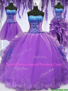 Perfect Four Piece Lavender Organza Lace Up Quinceanera Dress Sleeveless Floor Length Embroidery and Ruffles