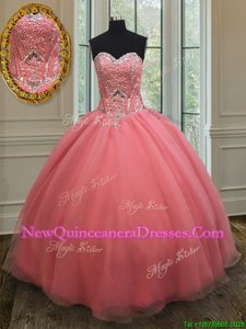 Sophisticated Floor Length Watermelon Red 15 Quinceanera Dress Sweetheart Sleeveless Lace Up