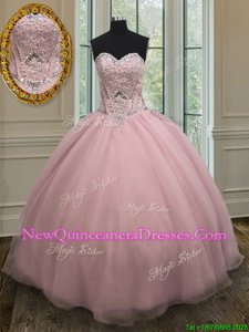 Custom Design Baby Pink Quince Ball Gowns Military Ball and Sweet 16 and Quinceanera and For withBeading and Belt Sweetheart Sleeveless Lace Up