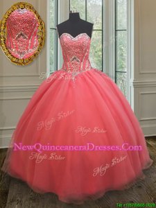 Fine Watermelon Red Sleeveless Organza Lace Up Sweet 16 Dress for Military Ball and Sweet 16 and Quinceanera