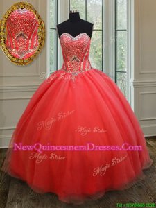 Exceptional Organza Sweetheart Sleeveless Lace Up Beading 15th Birthday Dress inCoral Red