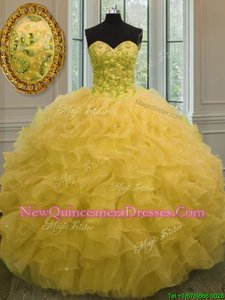 Classical Floor Length Ball Gowns Sleeveless Gold Quinceanera Gown Lace Up