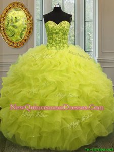 Exquisite Yellow Lace Up Vestidos de Quinceanera Beading and Ruffles Sleeveless Floor Length