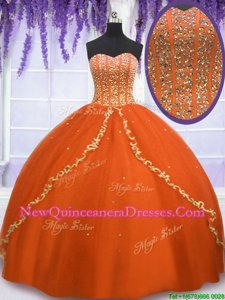 Orange Ball Gown Prom Dress Military Ball and Sweet 16 and Quinceanera and For withBeading Sweetheart Sleeveless Lace Up