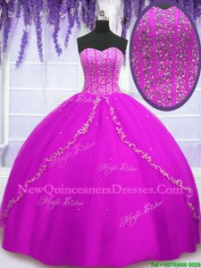 Clearance Floor Length Fuchsia Sweet 16 Dresses Tulle Sleeveless Spring and Summer and Fall and Winter Beading