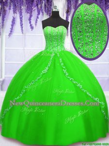 Pretty Spring Green Ball Gowns Tulle Sweetheart Sleeveless Beading Floor Length Lace Up Quince Ball Gowns