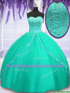 Classical Floor Length Lace Up Quinceanera Gown Turquoise and In withBeading and Sequins