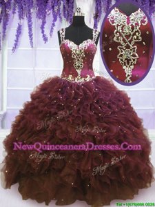 Custom Designed Straps Sleeveless Tulle Quinceanera Gown Beading and Ruffles Zipper