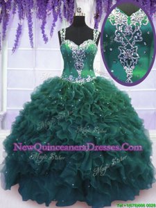 Exceptional Dark Green Straps Zipper Beading and Ruffles Quinceanera Dress Sleeveless