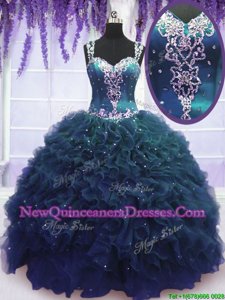 Captivating Straps Sleeveless Zipper Quince Ball Gowns Navy Blue Tulle