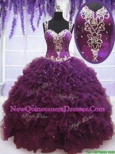 Extravagant Straps Straps Floor Length Zipper Quinceanera Dress Purple and In for Military Ball and Sweet 16 and Quinceanera withBeading and Ruffles