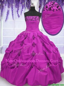 Fuchsia Strapless Lace Up Embroidery and Pick Ups 15 Quinceanera Dress Sleeveless