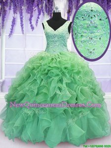 Hot Selling Spring Green Ball Gowns Organza V-neck Sleeveless Beading and Ruffles Floor Length Lace Up Sweet 16 Quinceanera Dress