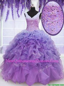 Popular Floor Length Lavender Sweet 16 Dress V-neck Sleeveless Lace Up