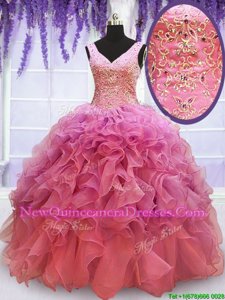 Spectacular Pink Lace Up Sweet 16 Dress Beading and Embroidery and Ruffles Sleeveless Floor Length