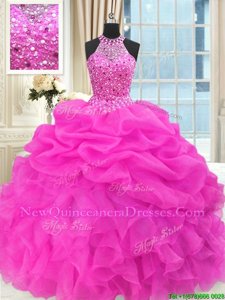 Ideal Hot Pink Ball Gowns High-neck Sleeveless Organza Floor Length Lace Up Beading and Pick Ups 15th Birthday Dress