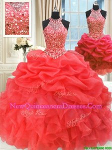 Stunning Three Piece Organza High-neck Sleeveless Lace Up Beading and Pick Ups Vestidos de Quinceanera inWatermelon Red