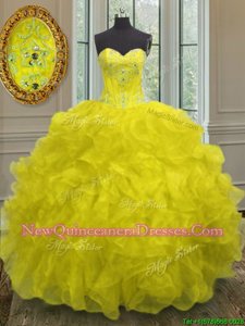 Fine Sweetheart Sleeveless Lace Up Ball Gown Prom Dress Yellow Organza