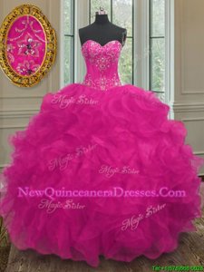 Fancy Fuchsia Ball Gowns Organza Sweetheart Sleeveless Beading and Embroidery Floor Length Lace Up 15th Birthday Dress