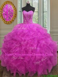 Low Price Fuchsia Ball Gowns Sweetheart Sleeveless Organza Floor Length Lace Up Beading and Ruffles Quinceanera Dress