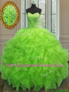 Eye-catching Yellow Green Ball Gowns Beading and Ruffles Sweet 16 Dresses Lace Up Organza Sleeveless Floor Length