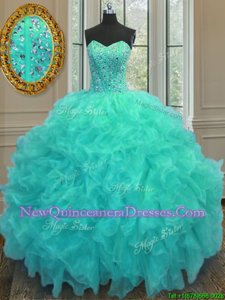 On Sale Sleeveless Organza Floor Length Lace Up Sweet 16 Quinceanera Dress inAqua Blue withBeading and Ruffles