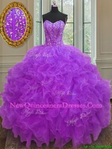 Best Selling Purple Lace Up Quinceanera Gowns Beading and Ruffles Sleeveless Floor Length