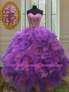 Beauteous Multi-color Ball Gowns Organza Sweetheart Sleeveless Beading and Ruffles Floor Length Lace Up Sweet 16 Dress