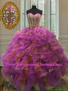 Eye-catching Multi-color Ball Gowns Organza Sweetheart Sleeveless Beading and Ruffles Floor Length Lace Up Quinceanera Dress