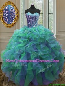 Multi-color Organza Lace Up Quinceanera Gown Sleeveless Floor Length Beading and Ruffles