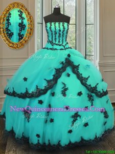 Modern Turquoise Ball Gowns Tulle Strapless Sleeveless Appliques Floor Length Lace Up 15th Birthday Dress