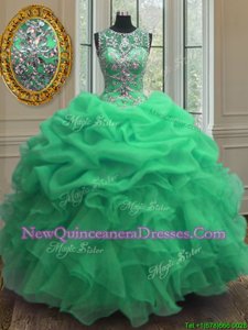 Vintage Scoop Green Organza Lace Up 15 Quinceanera Dress Sleeveless Floor Length Beading and Ruffles