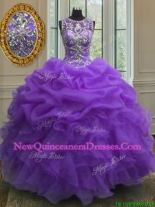 Purple Scoop Lace Up Beading and Ruffles and Pick Ups Quinceanera Dress Sleeveless