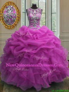 Charming Scoop Fuchsia Sleeveless Beading and Ruffles and Pick Ups Floor Length Sweet 16 Dresses