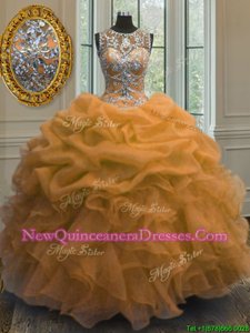 Luxury Scoop Sleeveless Organza Floor Length Lace Up Ball Gown Prom Dress inOrange withBeading and Ruffles and Pick Ups