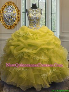 Low Price Yellow Organza Lace Up Scoop Sleeveless Floor Length Sweet 16 Dress Beading and Ruffles and Pick Ups