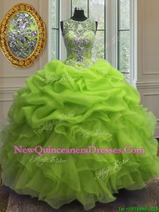 Scoop Floor Length Lace Up Quinceanera Gown Spring Green and In for Military Ball and Sweet 16 and Quinceanera withBeading and Ruffles and Pick Ups