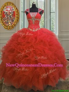 Hot Sale Sequins Ball Gowns Ball Gown Prom Dress Coral Red Straps Organza Cap Sleeves Floor Length Lace Up