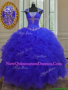 Colorful Straps Straps Blue Lace Up 15th Birthday Dress Beading and Ruffles and Sequins Cap Sleeves High Low