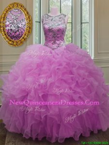 Sweet Lilac Ball Gowns Organza Scoop Sleeveless Beading and Ruffles Floor Length Lace Up 15 Quinceanera Dress