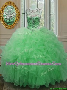 Cheap Scoop Green Organza Lace Up 15th Birthday Dress Sleeveless Floor Length Beading and Ruffles