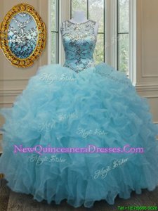 Classical Aqua Blue Scoop Neckline Beading and Ruffles 15 Quinceanera Dress Sleeveless Lace Up