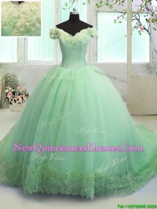 Off the Shoulder Short Sleeves With Train Hand Made Flower Lace Up Sweet 16 Dresses with Spring Green Court Train