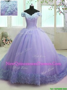 Cheap Lilac Off The Shoulder Lace Up Hand Made Flower Vestidos de Quinceanera Court Train Short Sleeves