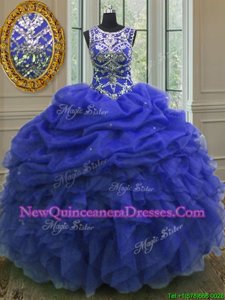 High Class Scoop Sleeveless Organza Floor Length Lace Up Sweet 16 Dresses inRoyal Blue withBeading and Ruffles and Pick Ups